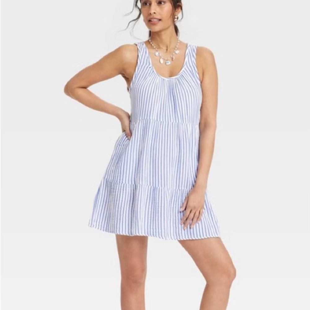 Blue and White Striped Sleeveless Dress